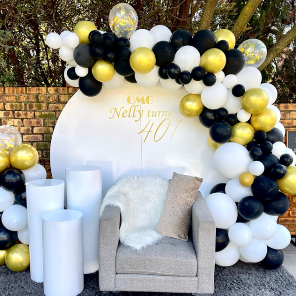 White Round Board + Balloon Garland